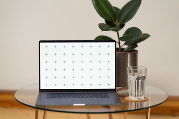 Laptop's front view mock-up with coffee and flower home decor in vase on glass table, with plant in background, blank screen for your design, with free space for your text about business