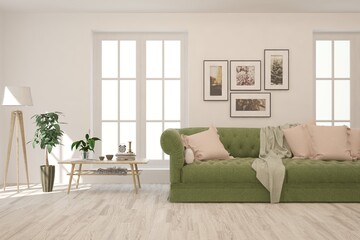 White living room with sofa. Scandinavian interior design. 3D illustration