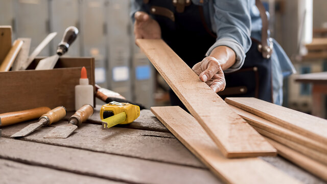 Carpenter working with equipment on wooden table in carpentry shop. woman works in a carpentry shop.