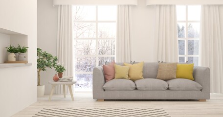 White living room with sofa and winter landscape in window. Scandinavian interior design. 3D illustration
