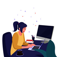 Working at home concept illustration. Woman freelancers working on laptops and computers at home. People at home in quarantine. 