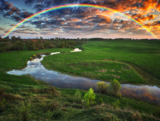 Landscape with a Rainbow on the River in Spring