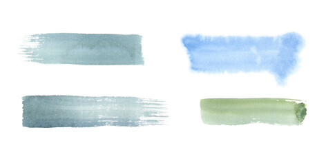 Watercolor sets backgrounds for inscriptions in pastel green and indigo colors isolated on a white background. Brush strokes, markers. Hand Drawn Illustration