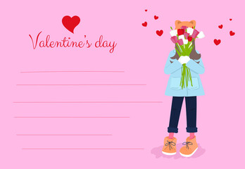 A little girl holding a bouquet on the pink background. Place for text. Banner or template. Valentines day. Vector illustration