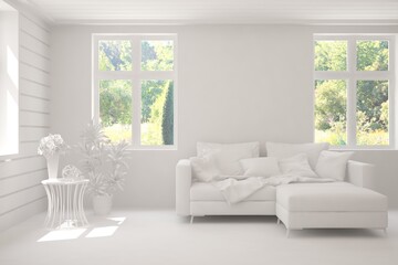 White living room with sofa and summer landscape in window. Scandinavian interior design. 3D illustration