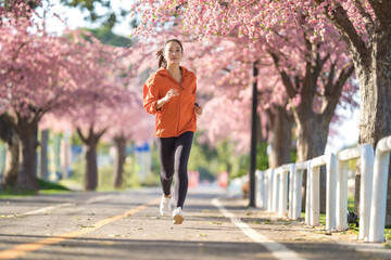 Fototapeta premium Asian woman exercise in the morning She is running at Sakura Park.