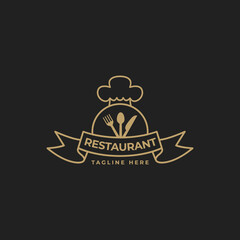 Fancy logo design for restaurant with spoon, fork, knife and chef hat icon illustration