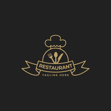Fancy Logo Design For Restaurant With Spoon, Fork, Knife And Chef Hat Icon Illustration