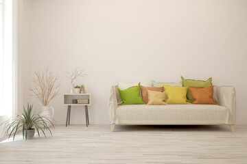 White living room with sofa. Scandinavian interior design. 3D illustration