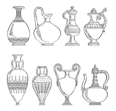 Set of hand drawn vintage vases vector illustrations