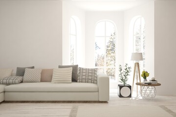 White living room with sofa. Scandinavian interior design. 3D illustration