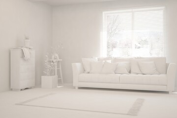 Mock up of minimalist living room in white color with sofa. Scandinavian interior design. 3D illustration