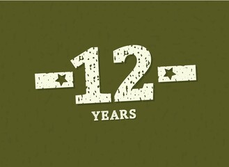 12 years anniversary with badge military, grunge pattern. Army design with star on green camouflage background. Vector perfect for any military labels, posters and armed force etc.