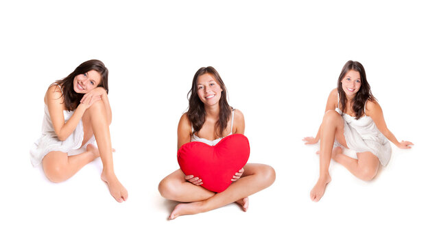 Three photos of a cheerful young woman sitting on the floor, isolated on white studio background
