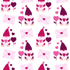 Cartoon Valentine gnomes with hearts and envelopes. Vector seamless pattern for prints, fabric, wrapping.
