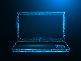 Laptop poly art. Notebook polygonal vector illustrations on a blue background.