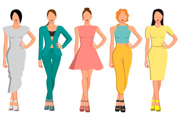A set of five girls with a good figure in beautiful clothes of different styles and colors.