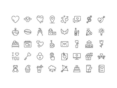 set of valentine day thin line icons, 256x256 px, love, heart