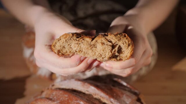 Hands holding a delicious fresh organic whole wheat bread bun and squeezing it. Freshly home-baked rustic bread with rustic crust and soft warm dough. Tasty and healthy food. 4K.
