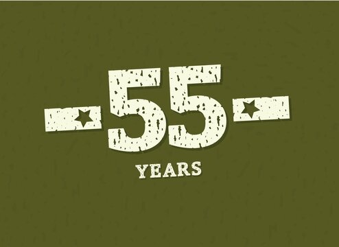 55 years anniversary with badge military, grunge pattern. Army design with star on green camouflage background. Vector perfect for any military labels, posters and armed force etc.