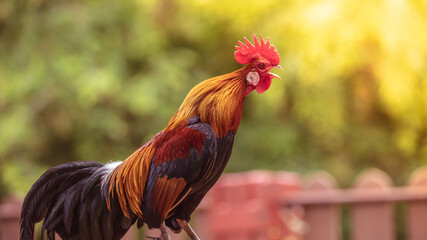 rooster with beautiful feathers in the morning sun