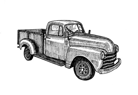Hand drawn vintage retro oldtimer car pickup, doodle sketch graphics monochrome illustration on white background (originals, no tracing)