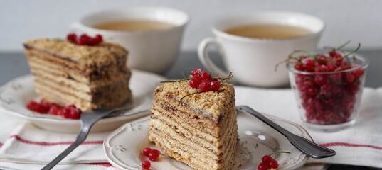 Two pieces of honey puff cake with frozen red currant berries with honey and tea on a gray background. Food background.