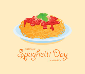 National Spaghetti Day vector. Plate of spaghetti with tomato sauce, cheese and basil vector. Spaghetti Day Poster, January 4. Important day