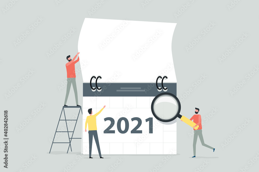 Aufkleber flat vector illustration design 2021 business planning concept and business people team working with