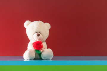 White teddy bear with red rose. Sitting on a blue bench near the maroon wall.