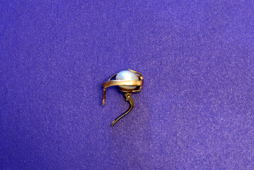 Earring made of gold with pearls on the table.