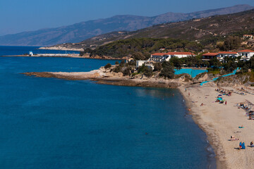 Aerial view to the popular Livadi beach in Armenistis on the North Aegean Island Ikaria.