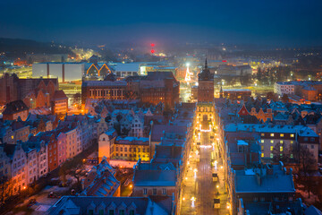 Fototapeta na wymiar Aerial view of the old town in Gdansk city at winter dawn, Poland