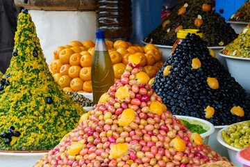 Vegetables and fruits such as olives on the Moroccan market