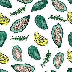Oysters shells food sea vector seamless pattern on white background. Concept for menu, cards, wallpaper