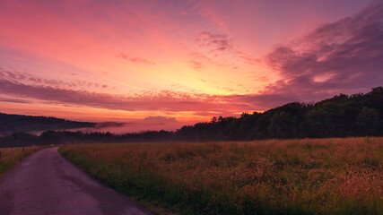Sonnenuntergang mit Nebel über der Wiese