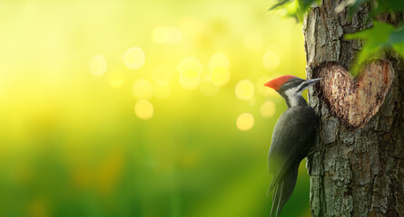 Pileated woodpecker bird carving a heart shaped hole in a tree. Romantic magical forest background with copy space.