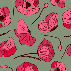 Seamless pattern with red poppy flowers and buds on green background.