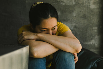 sad serious illness woman.depressed emotion panic attacks alone sick people fear stressful crying.stop abusing domestic violence,help person with health anxiety,thinking bad frustrated exhausted