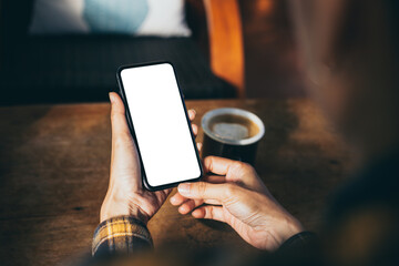 cell phone blank white screen mockup.woman hand holding texting using mobile on desk at office.background empty space for advertise.work people contact marketing business,technology