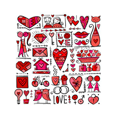 Valentine's day card design. Love icons collection. Wedding set.