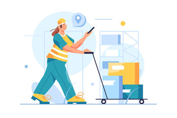 Girl goes with a cart with a load with a phone in hand, in a warehouse, in uniform, isolated on white background, flat vector illustration