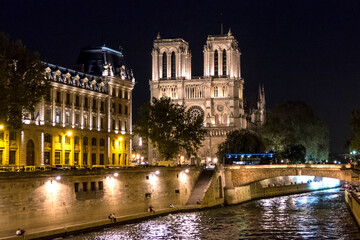Fototapeta na wymiar The Cathedral of Notre Dame and the River Seine illuminated at night