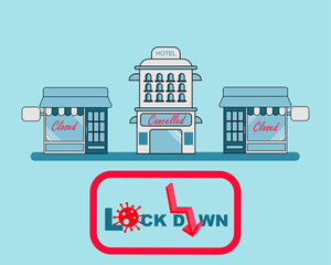 Covid-19 crisis: There are shops and hotel that closed because lockdown period for protect corona virus. Cartoon vector style for your design