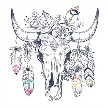 Boho chic, ethnic, native american or mexican bull skull with feathers on horns. Tribal hand drawn vector illustration. Poster, postcard, invitation design

