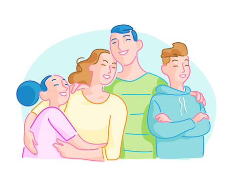 Famiglia perfetta e felice composta da genitori e figli che si abbracciano