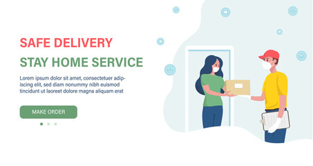 Courier in protective mask and gloves deliver a package or box to woman during coronavirus quarantine. Online safe delivery service concept. Doorstep delivery to home. Vector illustration