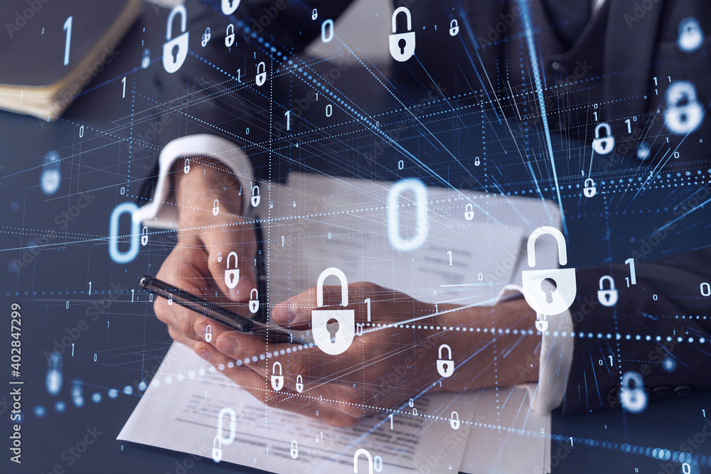 Poster a businessman in formal wear reading the contract to prevent probability of risks in cyber security 
