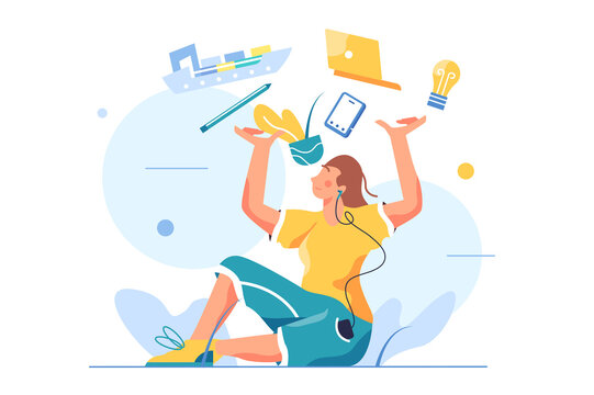 Girl sitting on the floor and holding things in her hands, computer, phone, karandish, ship, girl in headphones isolated on white background, flat vector illustration