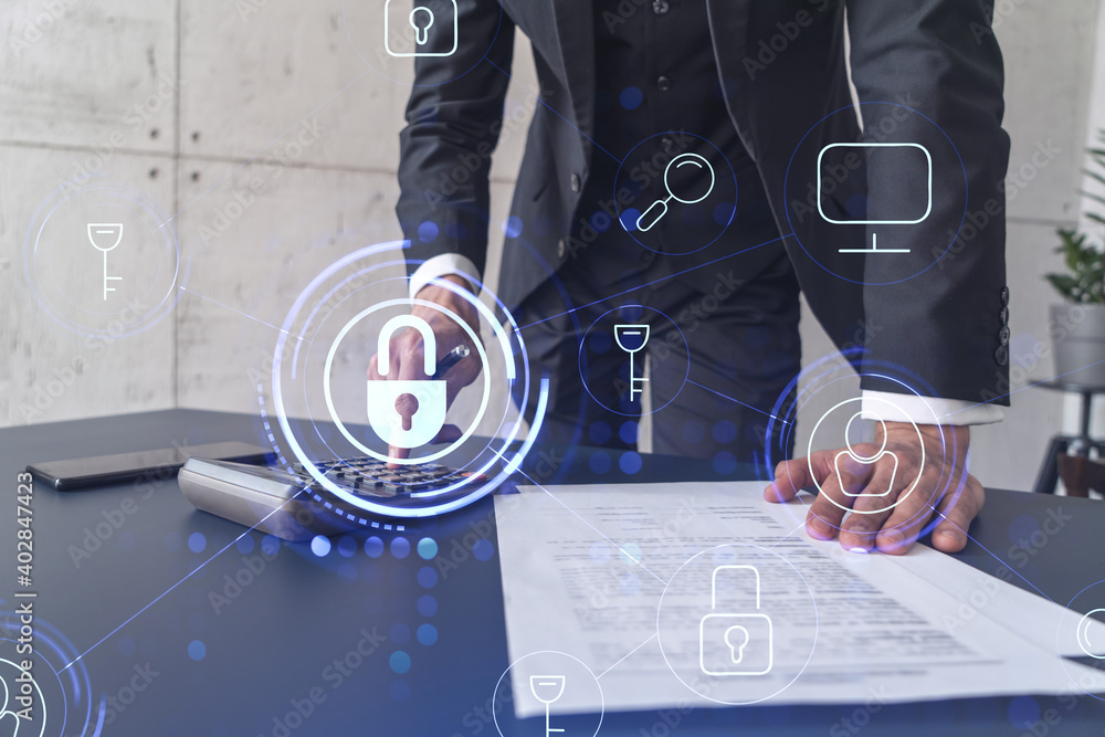 Poster a businessman computing probability of risks in cyber security protection using calculator. padlock 